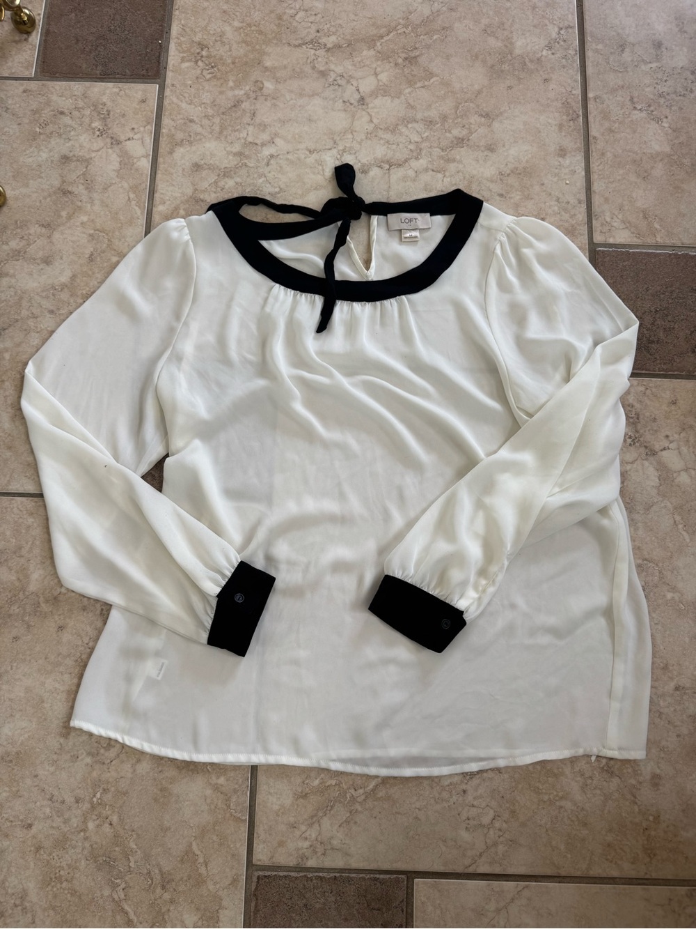 LOFT Cream Blouse with Black Neck Tie and Cuffs